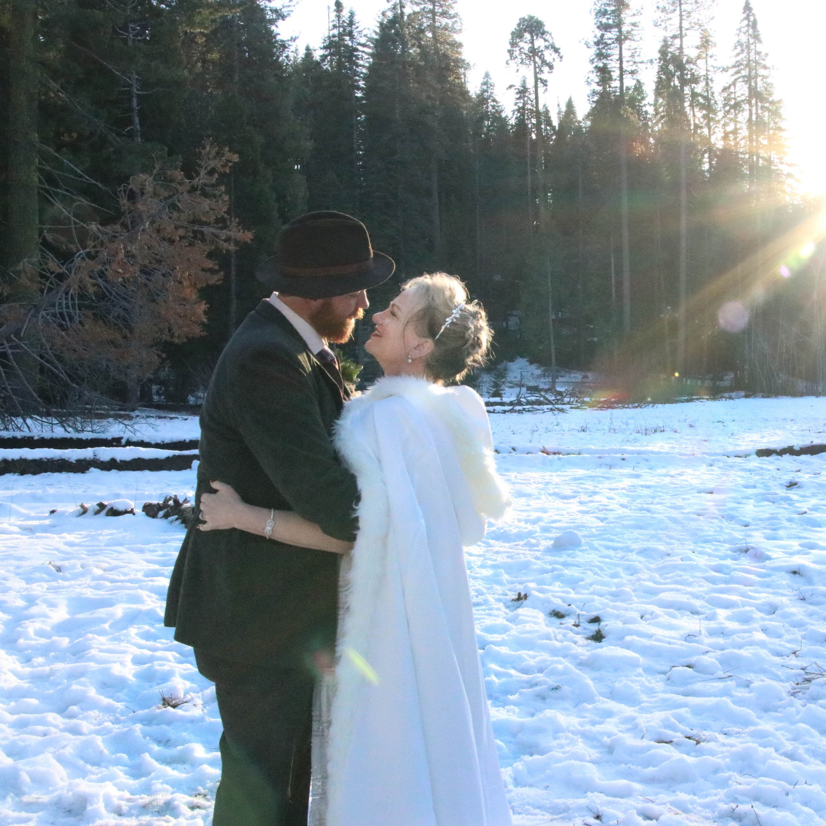 Couple in an embrace in the snow